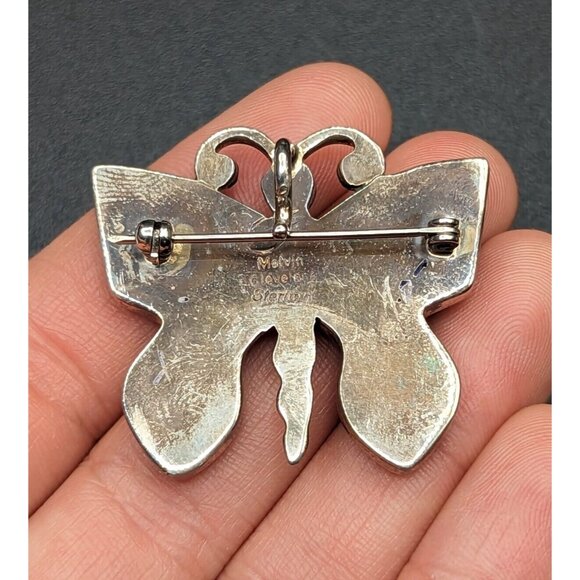 Melvin Cleveland Navajo Stone Inlay Butterfly Sterling Silver Brooch Pin Pendant - Picture 5 of 12